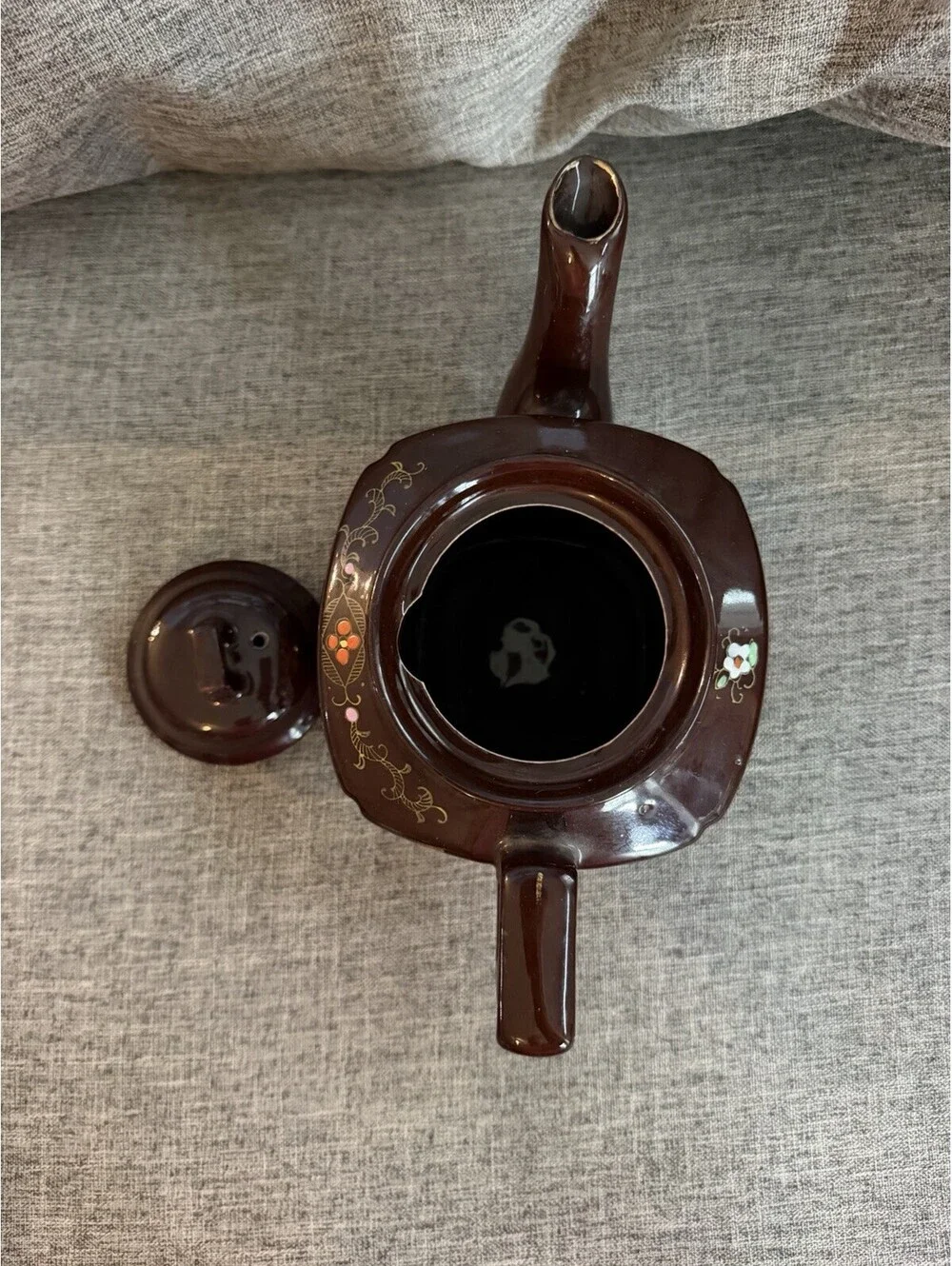 Vintage Made in Japan Brown Glazed Teapot Hand Painted Enamel Floral